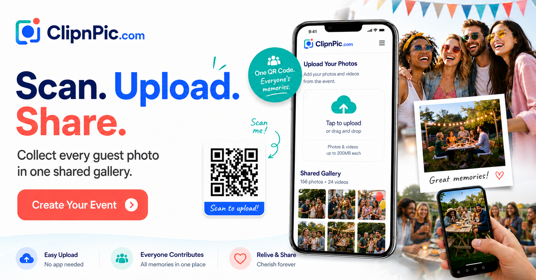 ClipnPic event photo sharing ad showing scan, upload, and shared gallery features